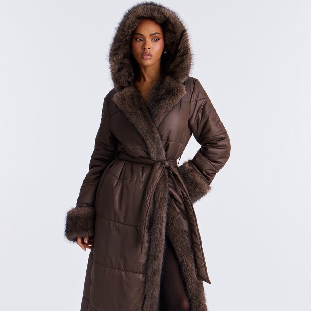 Fashion Nova Brown Puffer Coat with Faux Fur Trim